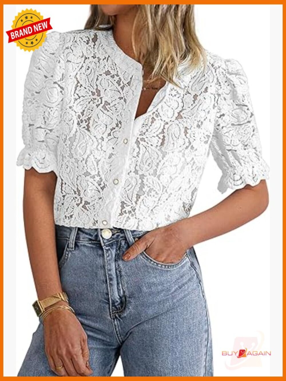 Women's Lace Puff Sleeve Button Down Blouse